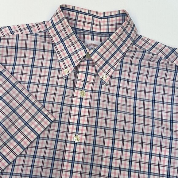 Brooks Brothers 346 Shirt Mens Medium Plaid Pink Blue Button Up Camp Casual - Picture 1 of 10